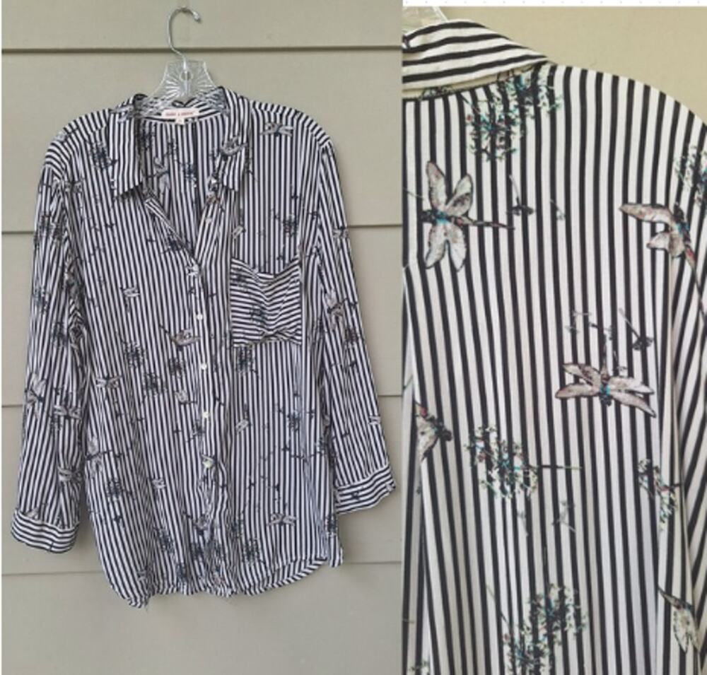 Dragonfly Black & White Striped Button Front Women's Blouse Rayon Size XL Whimsy